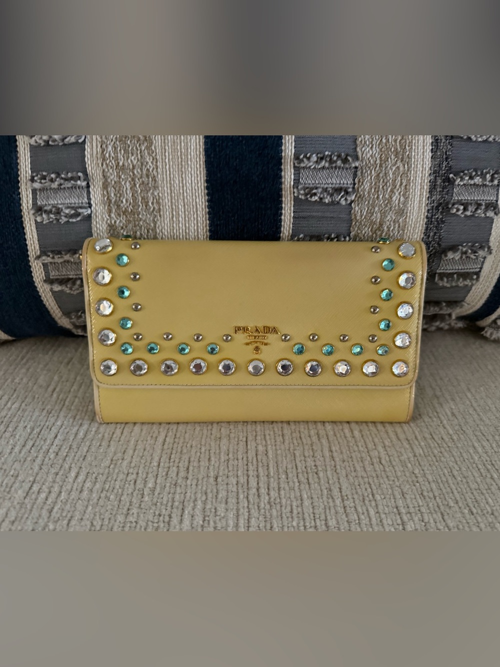 Prada Yellow Leather Clutch with Crystal Stud Accents